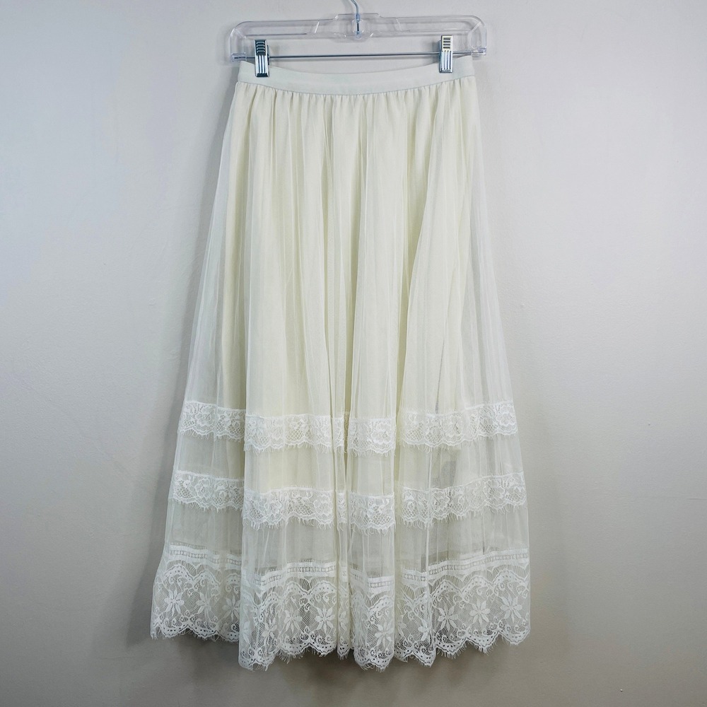 Boho Indie Tulle Mesh Midi Skirt Womens Small Lace Tiered Cowgirl Pull On Flowy